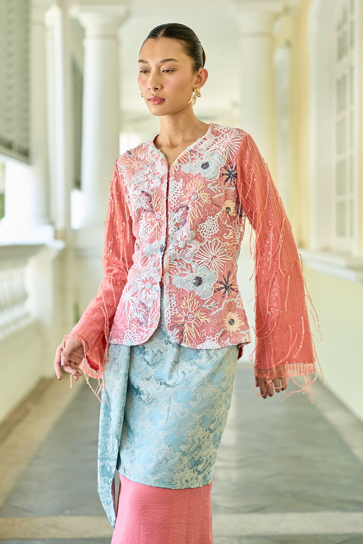 KENANGA KEBAYA IN SEQUIN EMBROIDERED CORAL